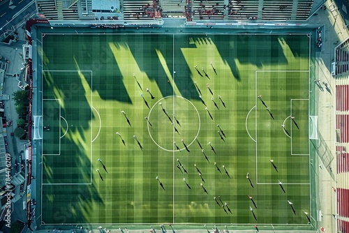 An aerial perspective showing a soccer field with players in action during a game