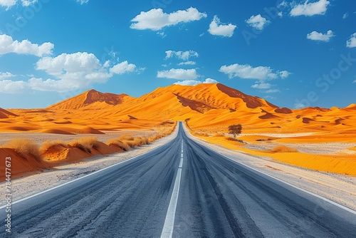 A hot desert highway cuts through the arid landscape, leading towards a vibrant sunset.