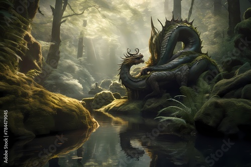 **A tranquil river winding through a dense forest, with a majestic dragon perched on a moss-covered rock, observing its reflection in the water