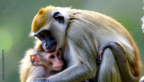 A Monkey Snuggling Up With Its Mother