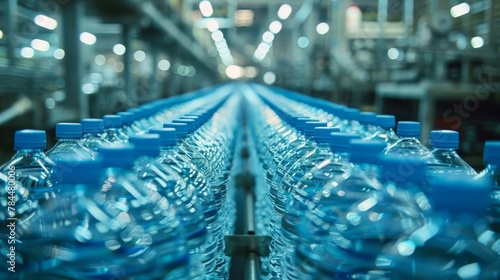 A conveyor belt lined with rows of bottled water in a bustling bottling factory environment.