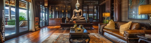A panoramic view of a familys living room turned into a serene Songkran sanctuary