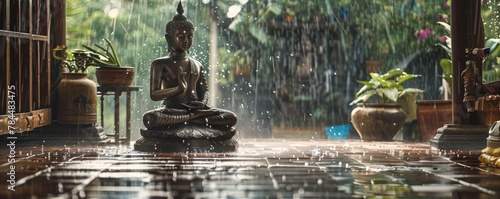 An atmospheric shot of a Buddha statue on a porch during a rainstorm