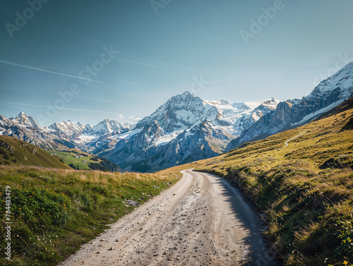 path leading to Jungfrau of Alps in Switzerland, a clear blue sky, beautiful scenery, daylight, on a summer day, a single dirt road leading up to it, with cinematic lighting.