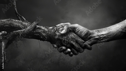 Monochromatic symbolic depiction of the hand-in-hand relationship between man and nature