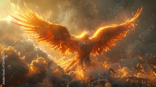 A cybernetic phoenix rising from the ashes, its metallic feathers shimmering in the sunlight as it takes flight against a backdrop of smoldering ruins