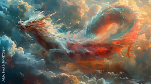 A dragon coiling in mid-air, its sinuous body weaving through the fluffy clouds with fluidity and grace