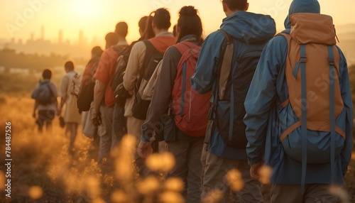 Friends trekking with backpacks into the sunset. Embodying the essence of adventure, travel, exploration, camaraderie, and the beauty of shared experiences.