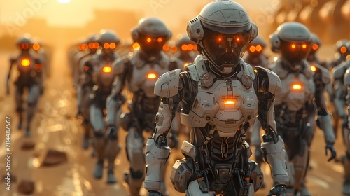 A group of cybernetic soldiers marching in perfect formation through a desolate, post-apocalyptic wasteland, their glowing eyes scanning the horizon for any signs of danger