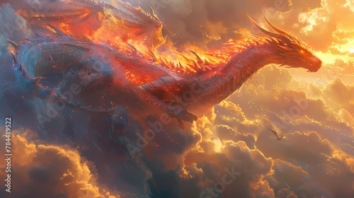 A majestic dragon gliding through a cloudy sky, its iridescent scales catching the sunlight as it dances gracefully