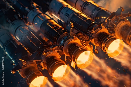 Zoomed in view of a rocket engine shooting out blazing fuel as it heads towards space.