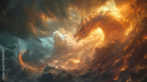 A panoramic view of a dragon spiraling upward through the clouds, its powerful form outlined by the sun's rays