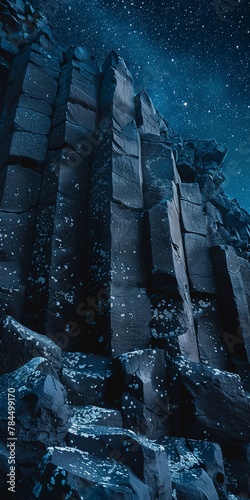 Basalt columns under stars, close up, geometric mystery, night sky 
