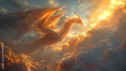 Sunlight filtering through the clouds, highlighting the contours of a dragon's wings as it soars against the azure sky