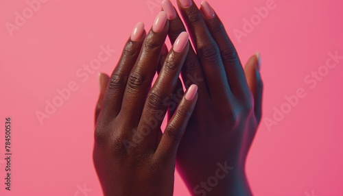 Elegant almond-shaped nails in soft pink on dark skin, suitable for beauty and sophistication concepts