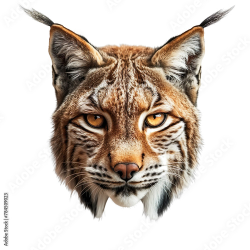Extreme front view of realistic lynx head which is mounted on a wall isolated on a white transparent background