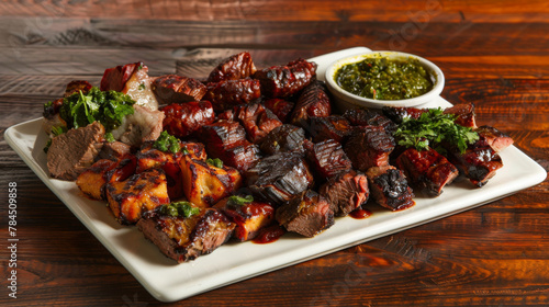 Hearty platter of argentinian asado with various grilled meats and chimichurri sauce