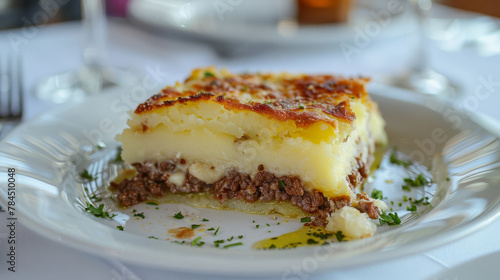 Traditional argentine shepherd's pie, known as pastel de papa, served in a fine dining environment