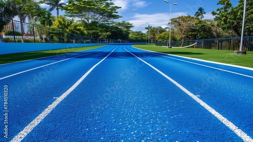 A blue running track is detailed with a separate white line in the straight area, emphasizing the specifics of track design for athletic competitions
