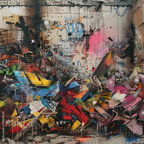 A graffiti-covered wall with a bunch of abstract imagery