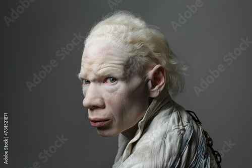 Portrait of albino man with white hair and chain around neck looking at camera in studio shot