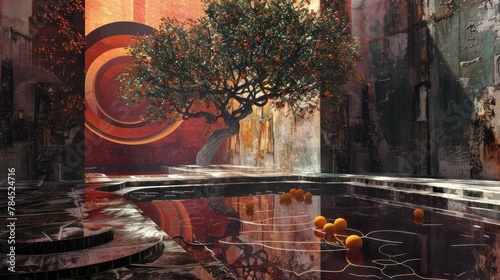 An overgrown courtyard with a large orange tree in the center. The oranges are falling into the reflecting pool.