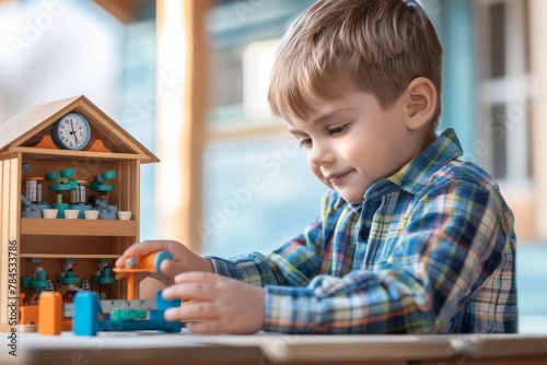 A child playing with a toy clock, unaware of the passage of time