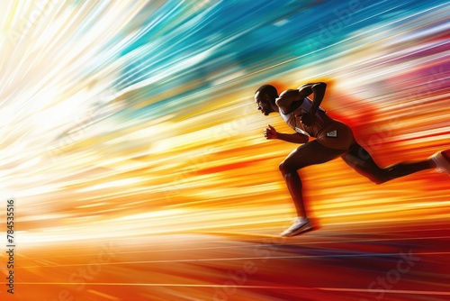 Illustration of an athletic runner sprinting for a sports competition in an Olympic stadium at sunset. 