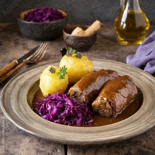 Rinderrouladen mit Rotkohl und Klößen