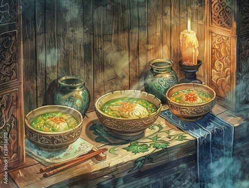 Beyond heaven, in the 1300s, wonton soup becomes horrors vessel, mysteries unfold , Watercolor tone, pastel, 3d animator