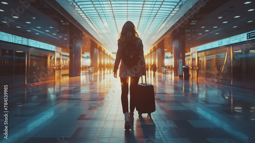 woman traveler with backpack walking in airport terminal