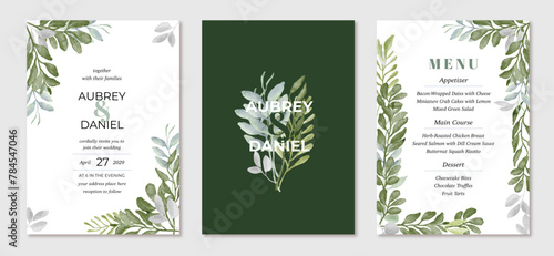 wedding invitation set with green leaves watercolor background
