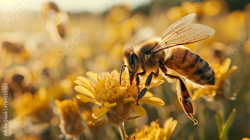 Honeybee pollinator on yellow plant flower in closeup macro photography