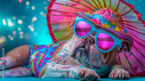 A bulldog in swim trunks and a floppy hat, napping under an umbrella, illustrated in bold, bright vector colors