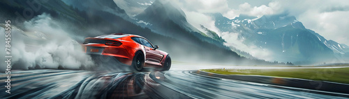 Speeding car drift with tire smoke, race track against mountains, low angle grass view, copy space