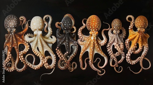 Colorful array of octopuses on a dark background showcasing diverse patterns