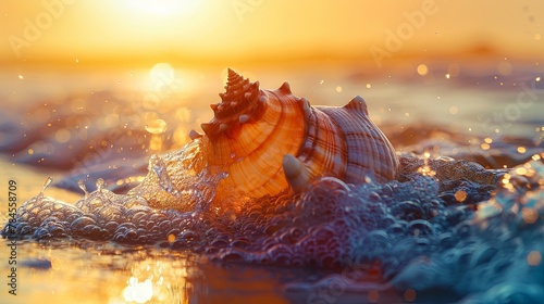 Golden hour seashell by the sparkling sea