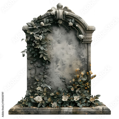 Vintage tombstone adorned with sculpted flowers and leaves isolated on transparent backgroundv