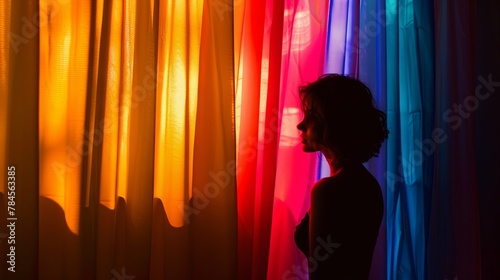 Silhouette of a young woman against colorful window curtains