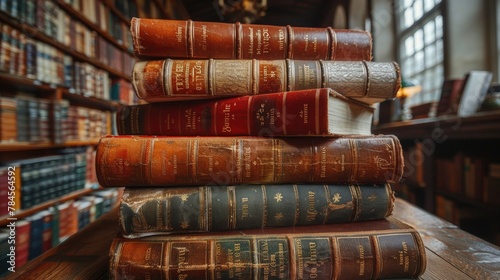 Antique Leather Bound Books in Library Setting