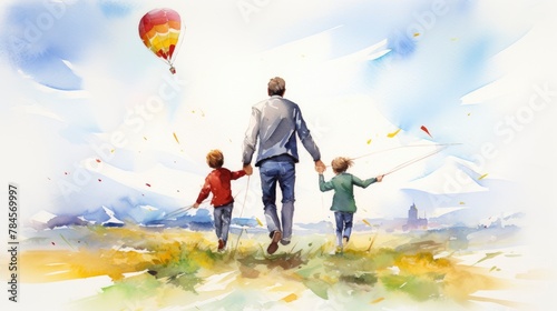 A man holds a kite and his two children walk next to him. The action takes place in a nature park with the sky overhead. Watercolor illustration
