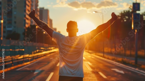 Man in white shirt celebrating with arms raised on empty city street at sunset, success and freedom concept