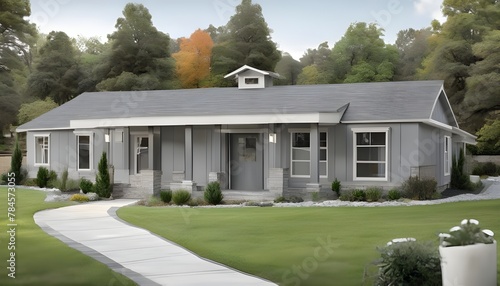 A gray ranch style model house 