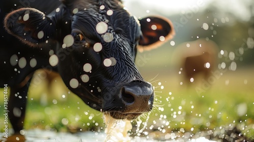 A bovine is quenching its thirst from a puddle in a natural landscape