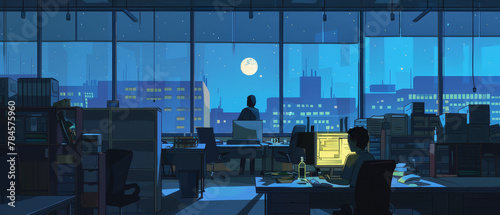 Solitary figure in a sprawling office late at night, deadlines looming