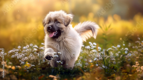 Joyful Puppy Frolicking in Sunlit Flower Meadow, Playful Canine Delight