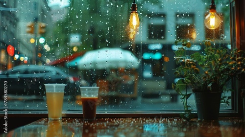 Cinemagraph of rain outside a cafe window, serene and contemplative