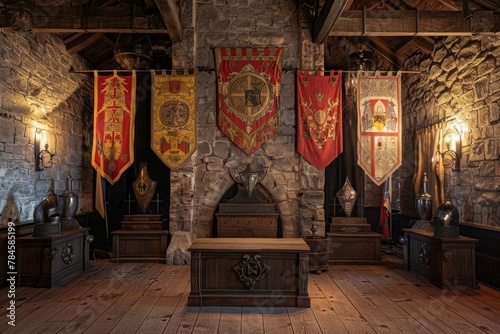 A medieval knights hall podium with armor and banners for fantasy and historical merchandise