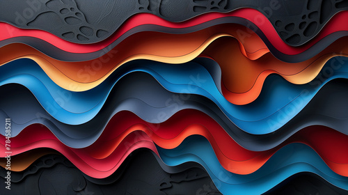 Abstract geometric shapes in vibrant red, blue, and black hues, forming an intricate paper-cut design-1