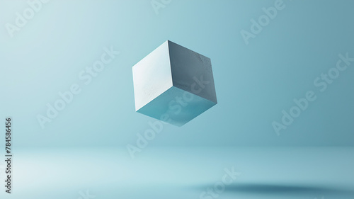 Abstract cube floating over a light blue background.